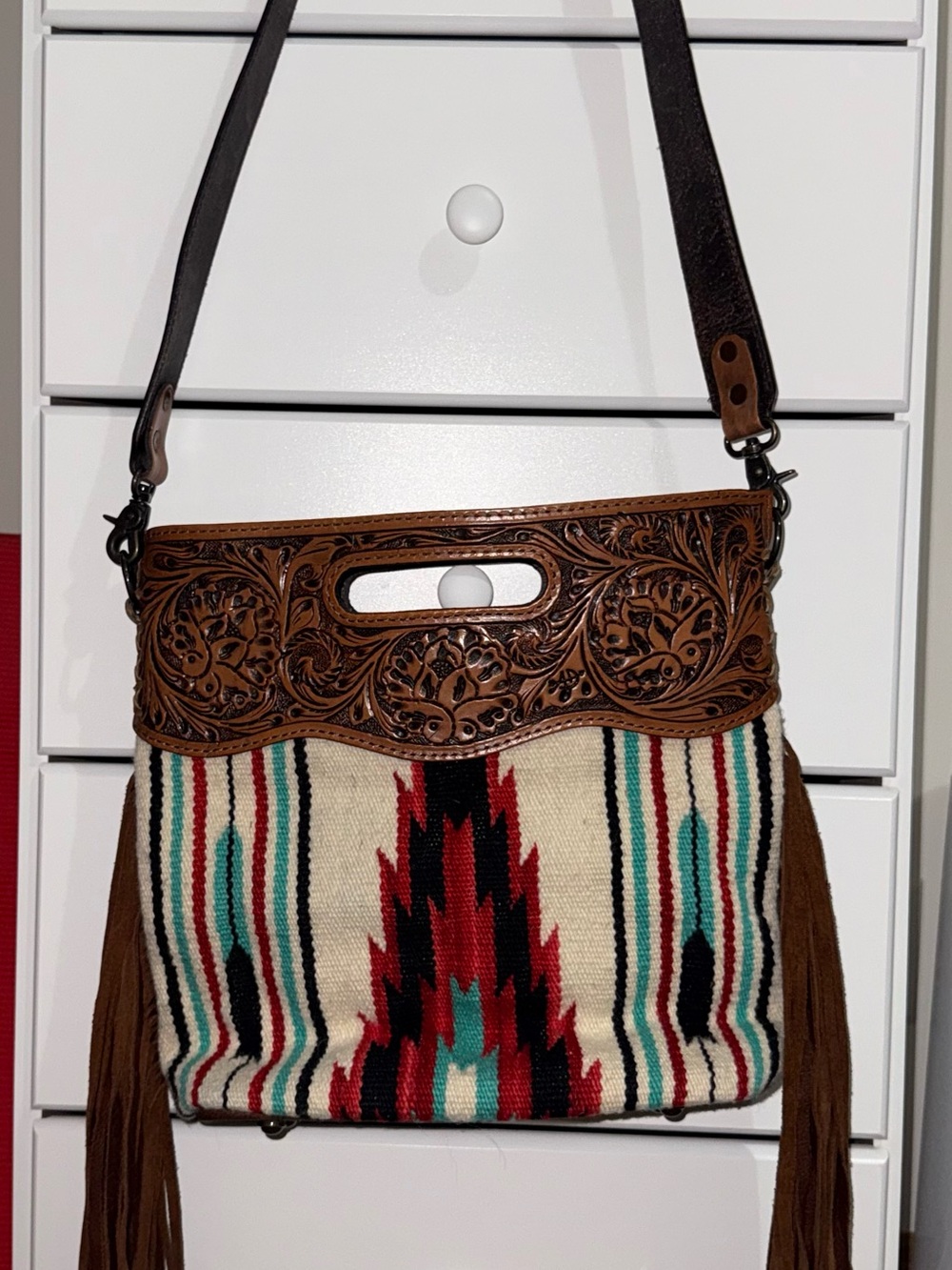 Fringed Southwestern Weave Shoulder Bag in Brown and Cream